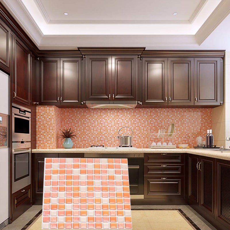 Yoillione 3D Mosaic Tile Sticker Removable Wallpaper Tile Orange, 3D Self Adhesive Wall Tiles Bathroom Wall Tiles for Kitchen Backsplash Orange, PVC Square Decorative Vinyl Decals, 4 Sheets - Image 3